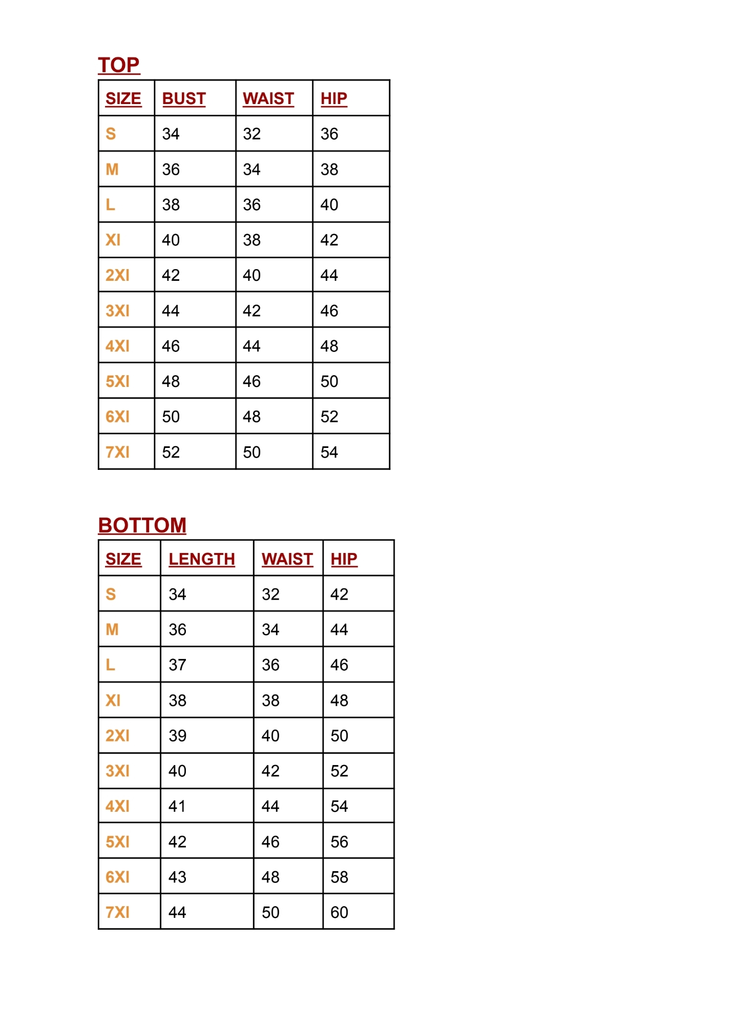 Ruaah Curves Size Chart