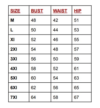 Ruaah Curves Size Chart