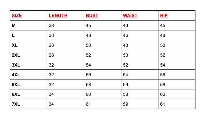 Ruaah Curves Size Chart